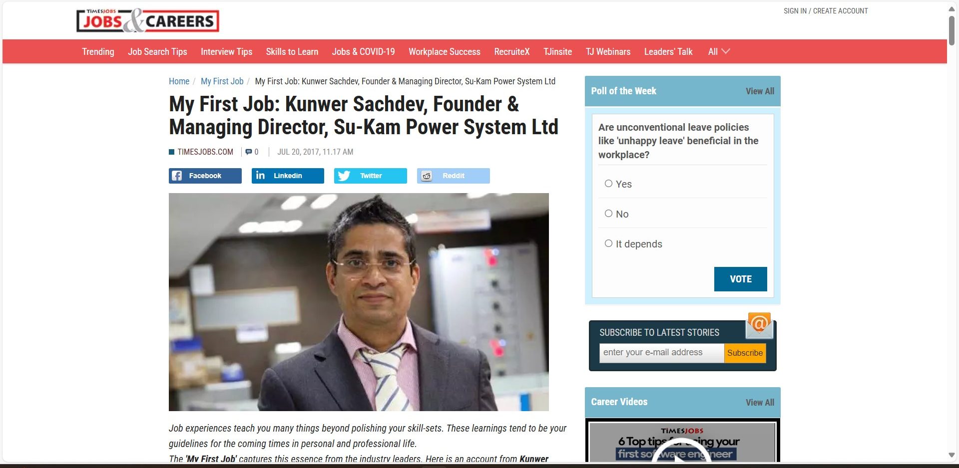 Times of India feature on Kunwer Sachdev